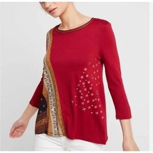 Desigual Womens 3/4 Sleeve Floral Patchwork Top Sz Small Red Viscose Blend